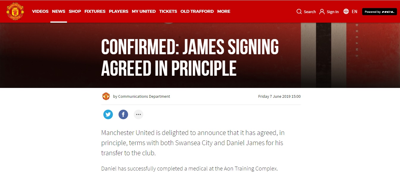 Daniel has successfully completed a medical at the Aon Training Complex